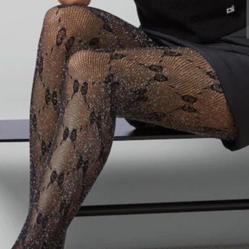 Gucci Tight Lux Black Sparkle Legginhlgs with Scalloped Trim
